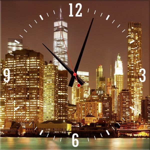 Часы на стене Стеклянные с фотопечатью Ночной Манхэттен 30х30 см. фото ПВХ Маркет
