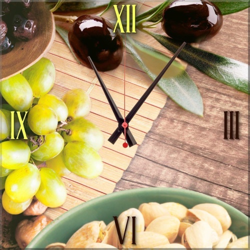 Часы настенные Стеклянные с фотопечатью Греческий завтрак 30х30 см фото цены.