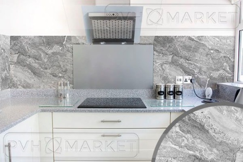 Фартук для кухни из ПВХ с фотопечатью Мрамор серый (Ф-286) 600 мм (длина 3 м).
