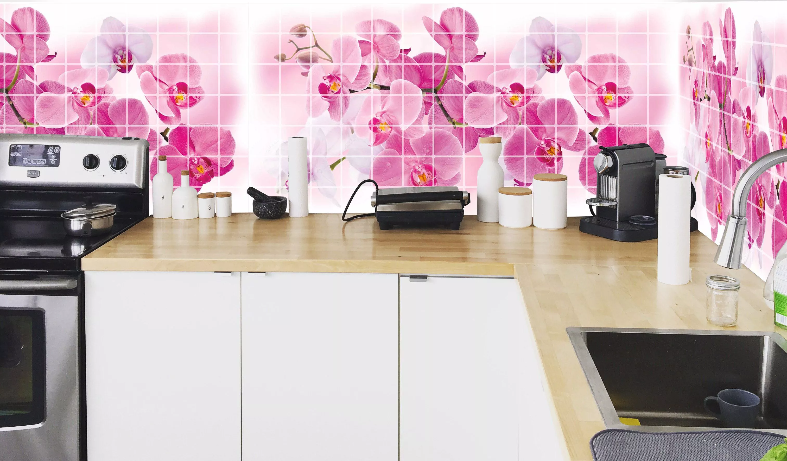 Купить панели для телефонов. Панель ПВХ мозаика Орхидея Розея. Панель ПВХ мозаика Орхидея Розея 480*955*0,2мм. Пластиковые панели для кухни. Пластиковые стеновые панели для кухни.